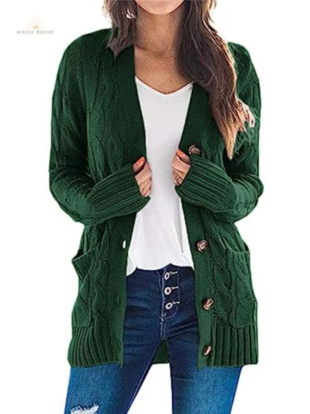 Chunky Cable Knit Button Down Cardigan Long Sleeve V-Neck Loose Fit